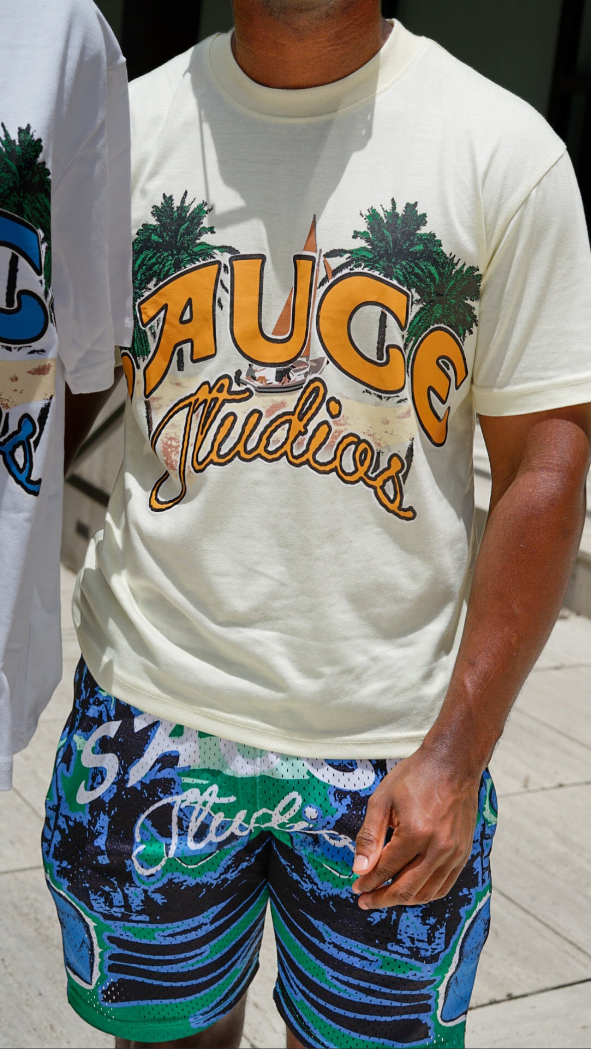 Tan and Orange Shirt With The Green and White Shorts Set